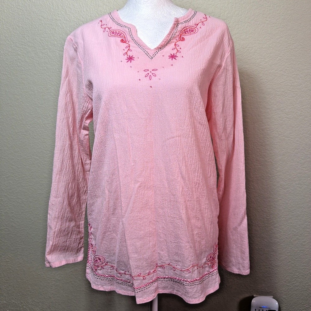 Basic Editions Boho Pink Muslin Crinkle Cotton Long Sleeve Blouse Peasant Shirt